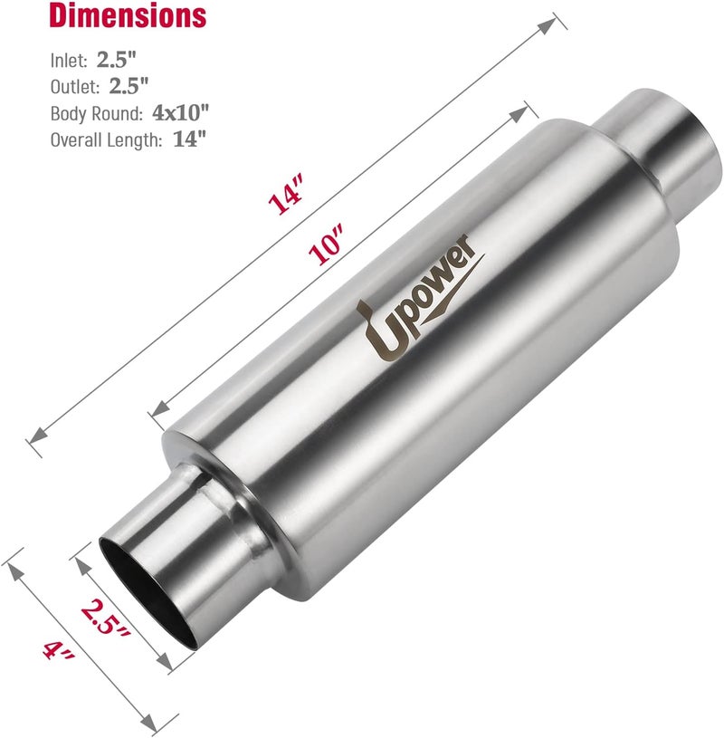 U-Power 2.5" Inlet&Outlet Diesel Exhaust Muffler 4" x10" Body 14" Whole Length Universal Resonator - Straight Through Polished Stainless Steel Welded On Resonator Muffler - Image 2